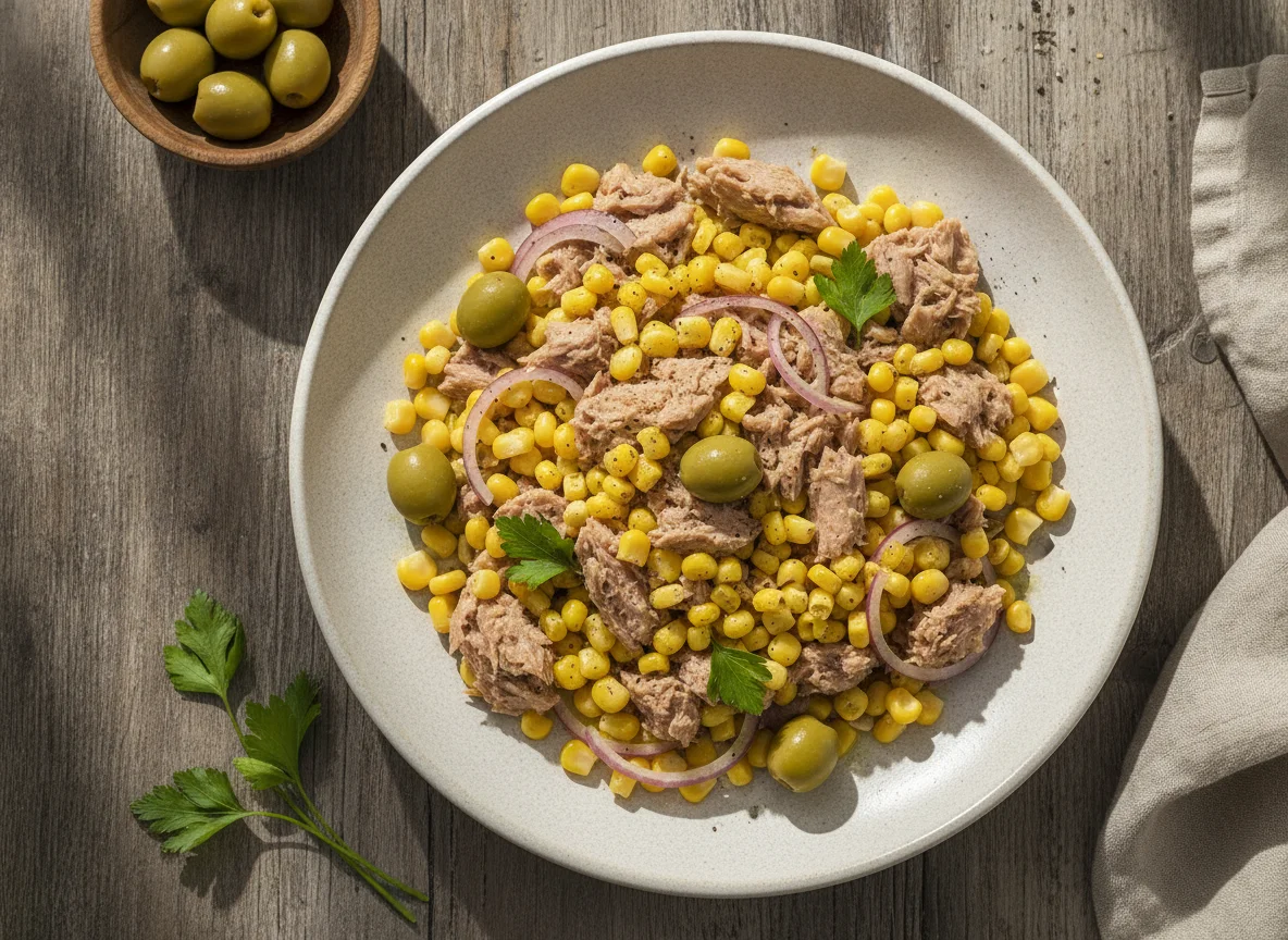 Ensalada de atún con maíz y aceitunas photo
