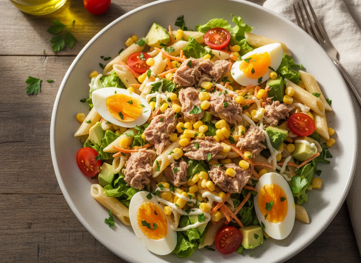 Ensalada de atún con maíz y huevo photo