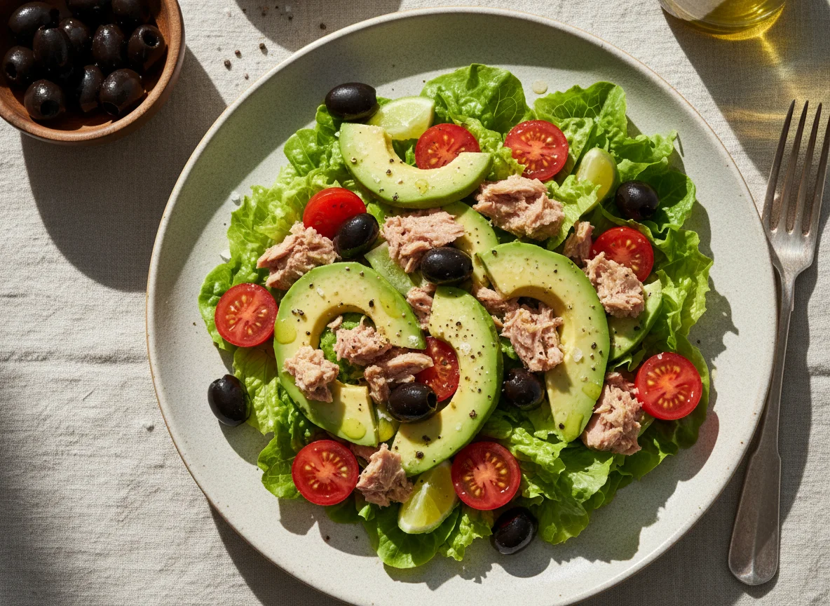 Ensalada de atún con palta y aceitunas photo