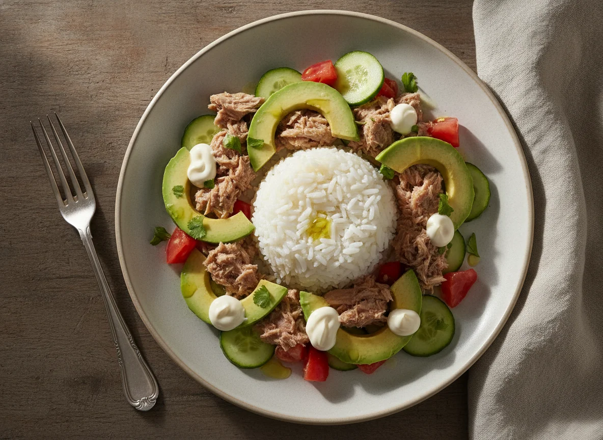 Ensalada de atún con palta y arroz blanco photo