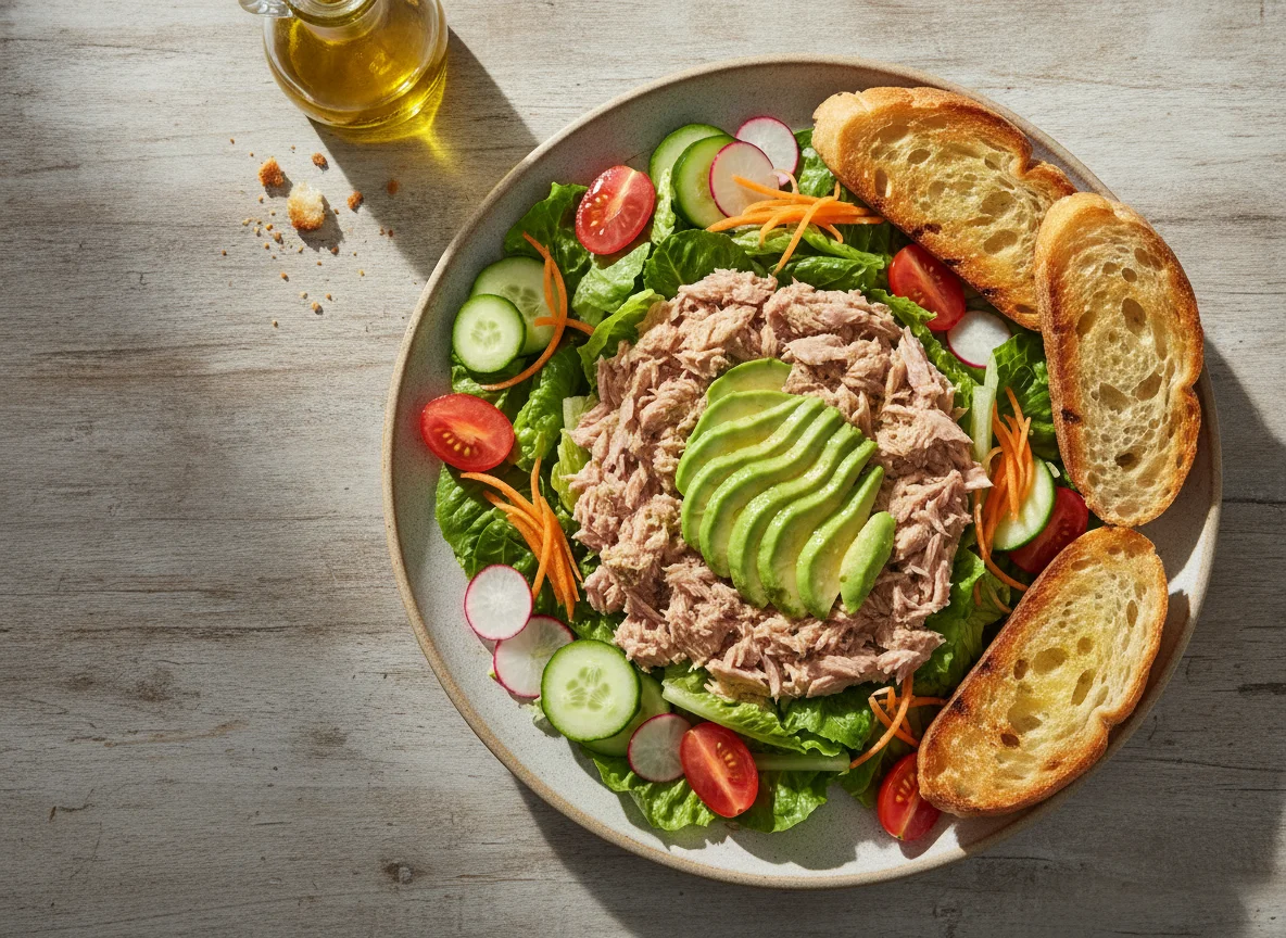 Ensalada de atún con pan tostado y aguacate photo