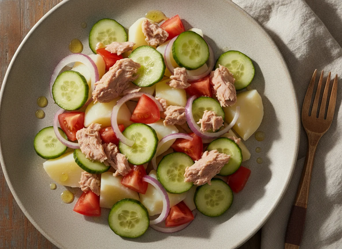 Ensalada de atún con papa y pepino photo