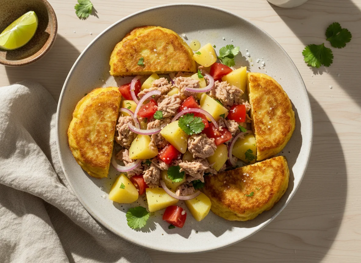 Ensalada de atún con papa y tortillas de papa photo