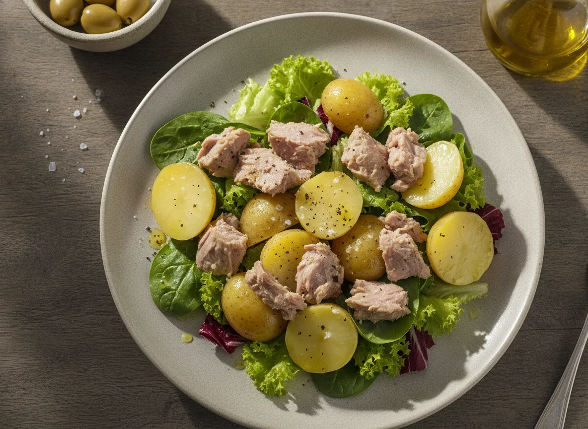 Ensalada de atún con papas y mix de hojas verdes photo