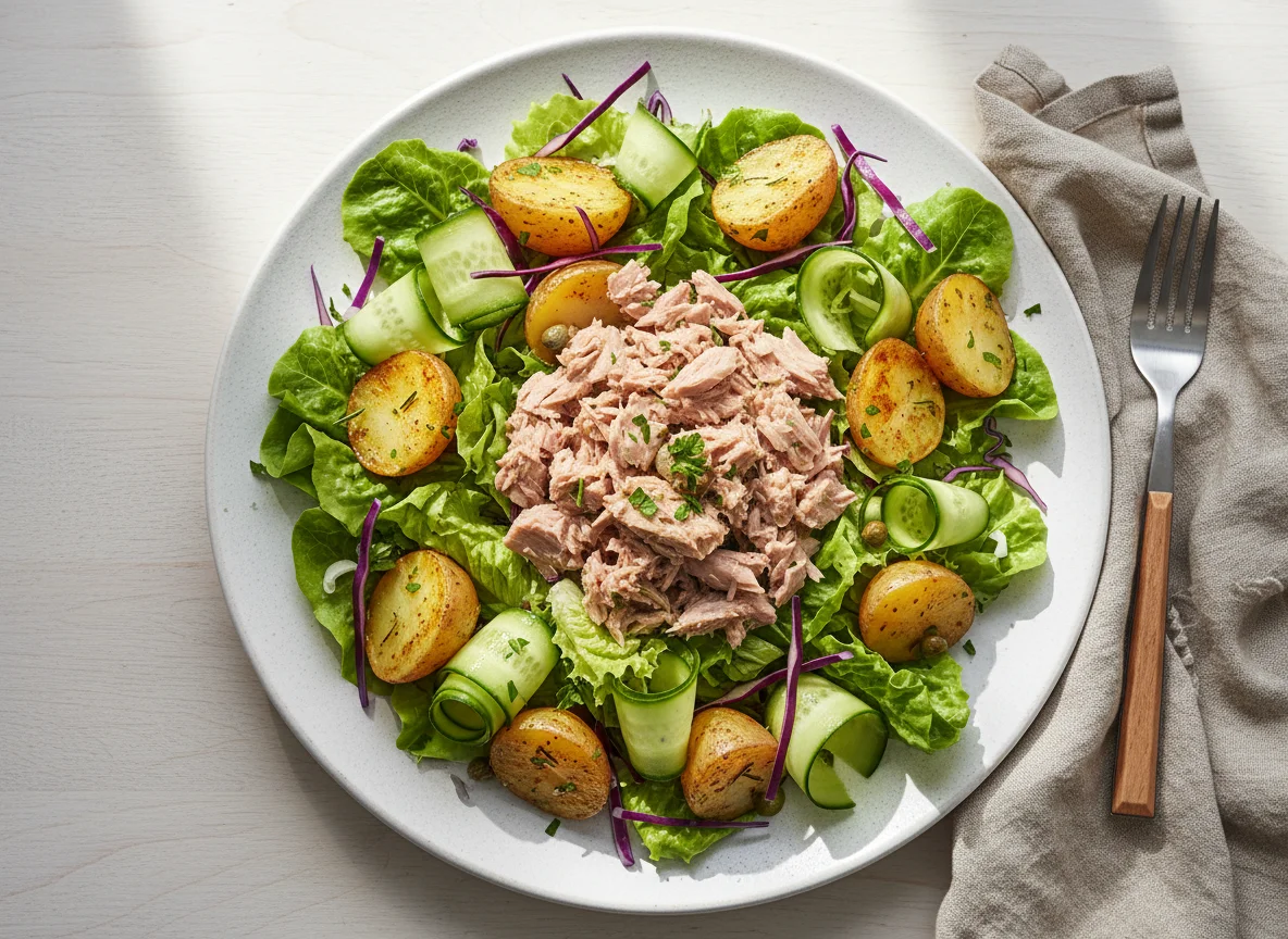 Ensalada de atún con papas y vegetales photo