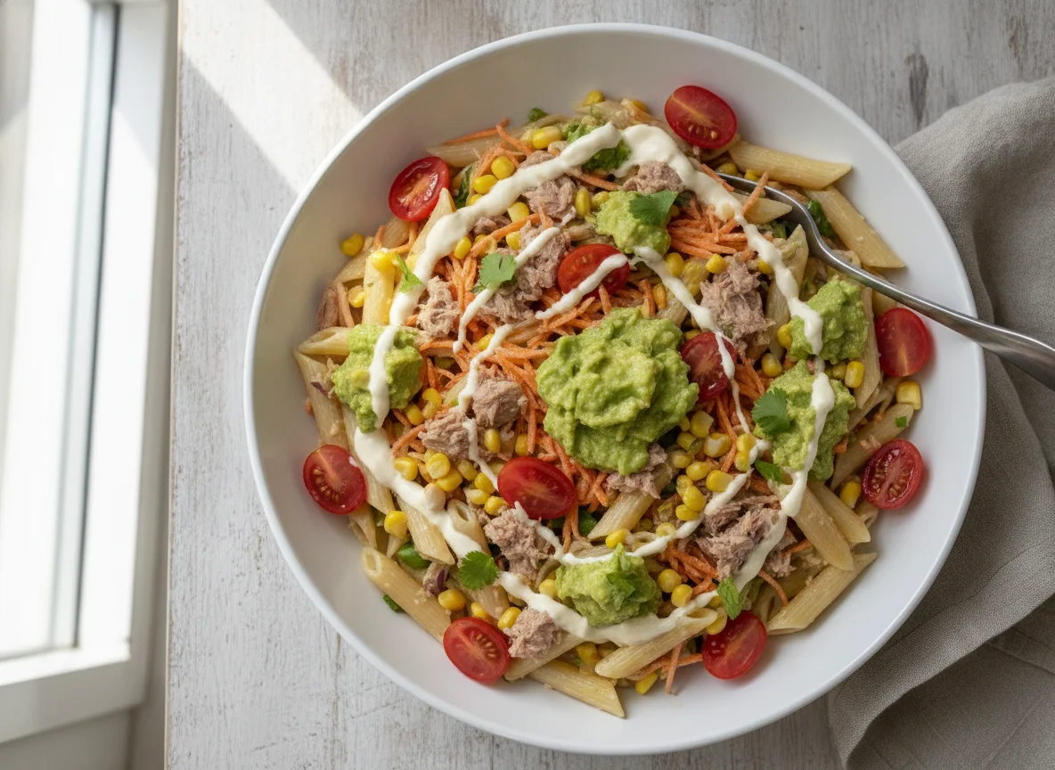 Ensalada de atún con pasta y vegetales photo