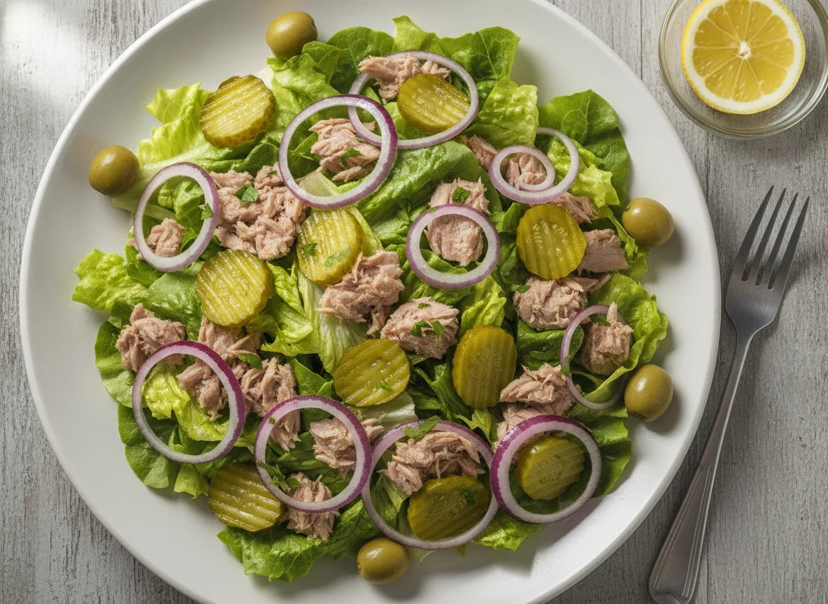 Ensalada de atún con pepinillos y cebolla photo