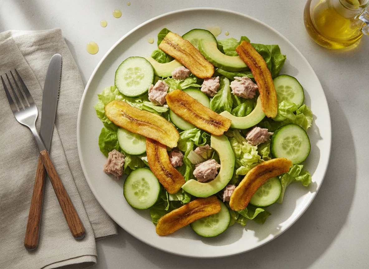 Ensalada de atún con pepino, palta y plátano frito photo