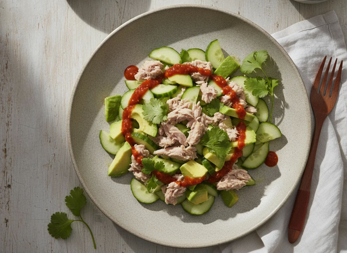 Ensalada de atún con pepino y aguacate photo