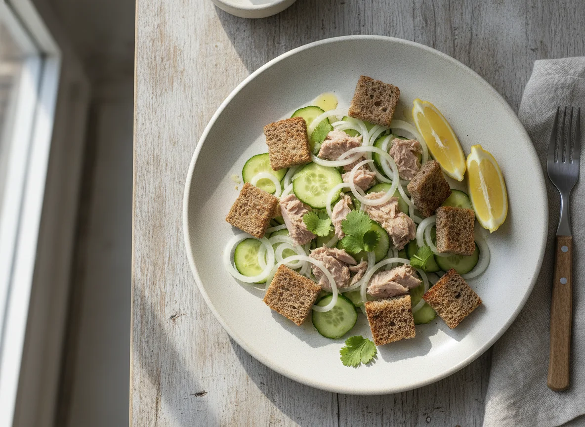 Ensalada de atún con pepino y pan integral photo