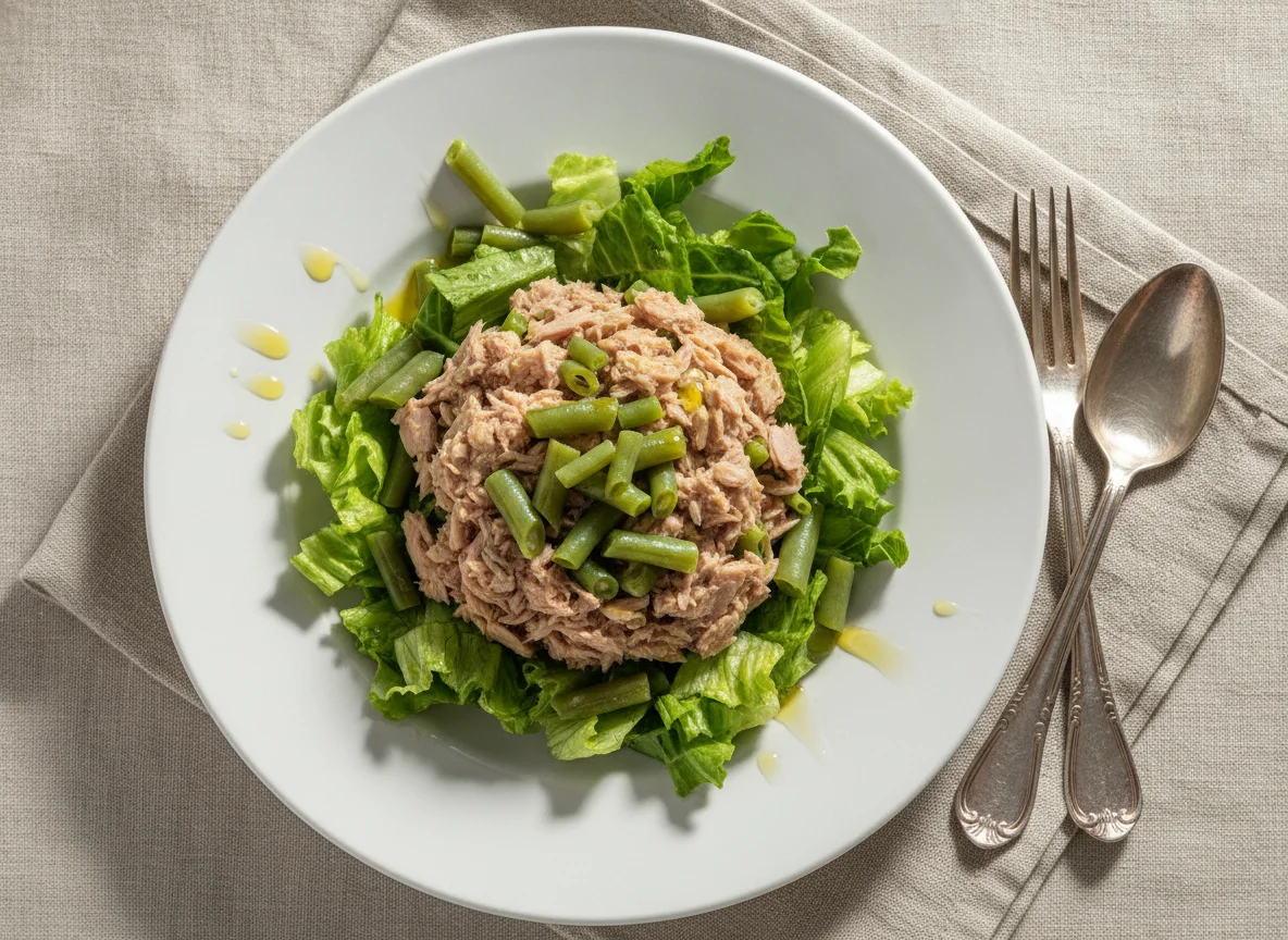 Ensalada de atún con porotos verdes y lechuga photo