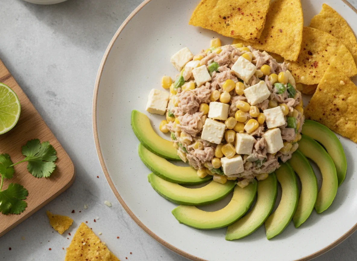 Ensalada de atún con queso panela y aguacate photo