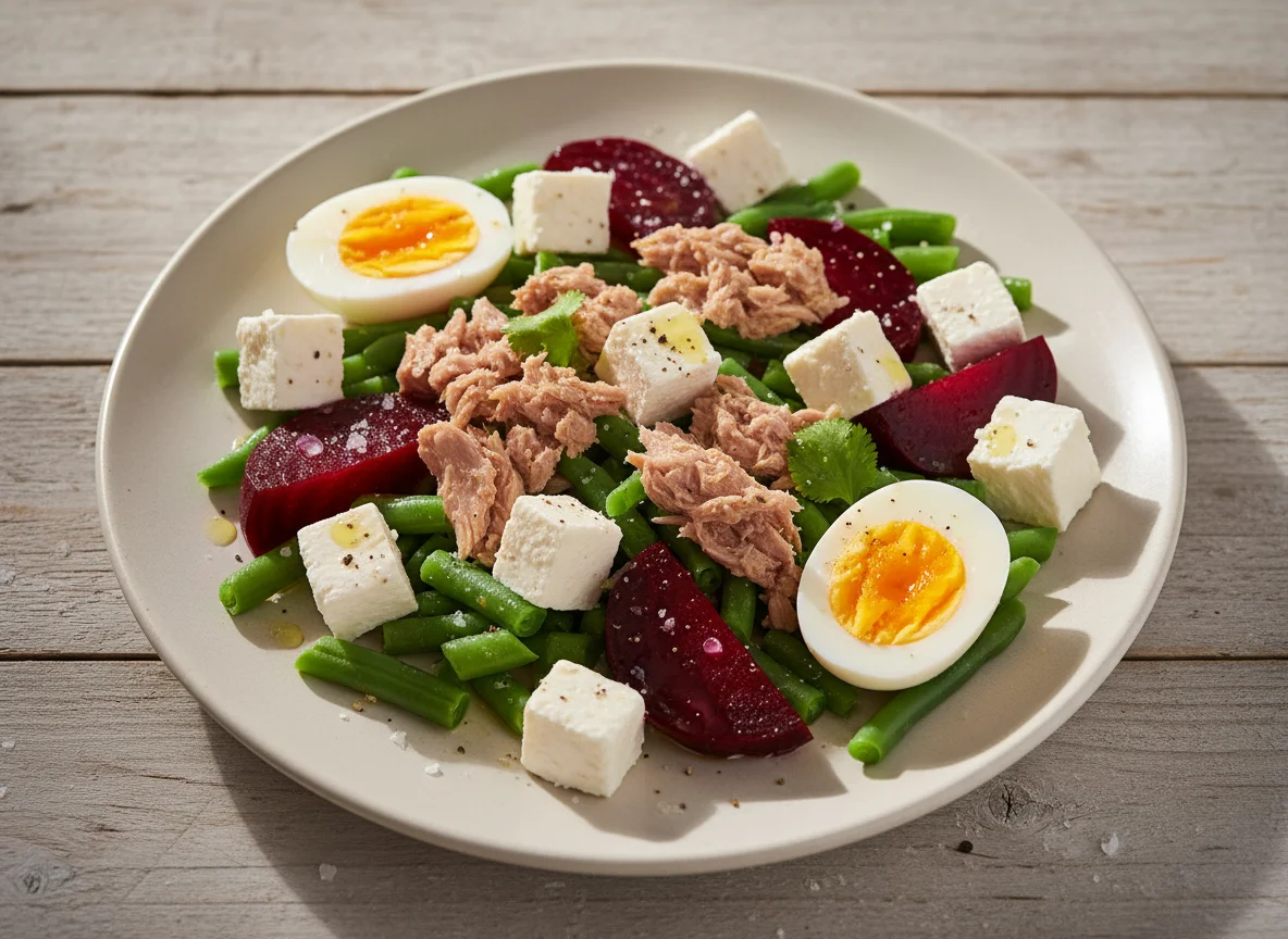 Ensalada de atún con remolacha, chauchas, huevo y queso photo