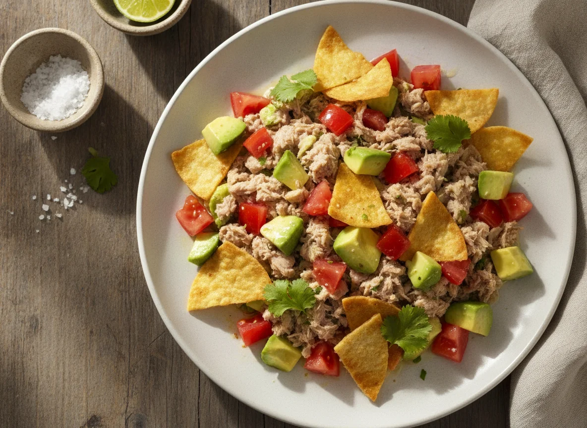 Ensalada de atún con tomate, palta y tortillas photo