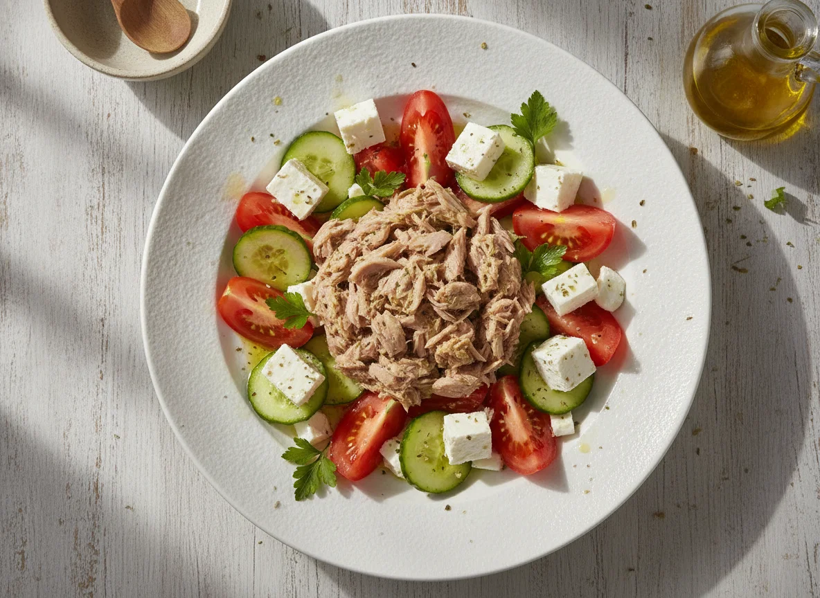 Ensalada de atún con tomate, pepino y queso photo