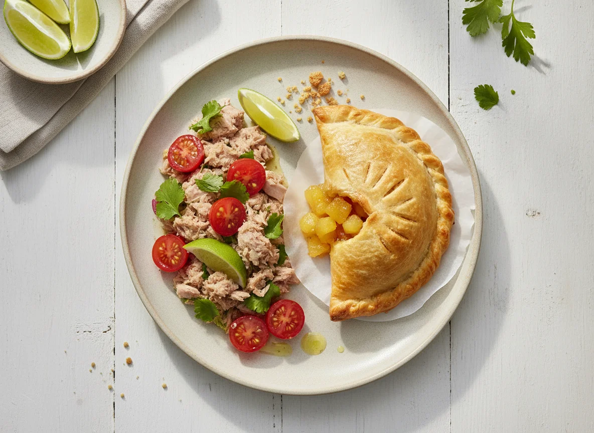 Ensalada de atún con tomate y empanada de piña photo