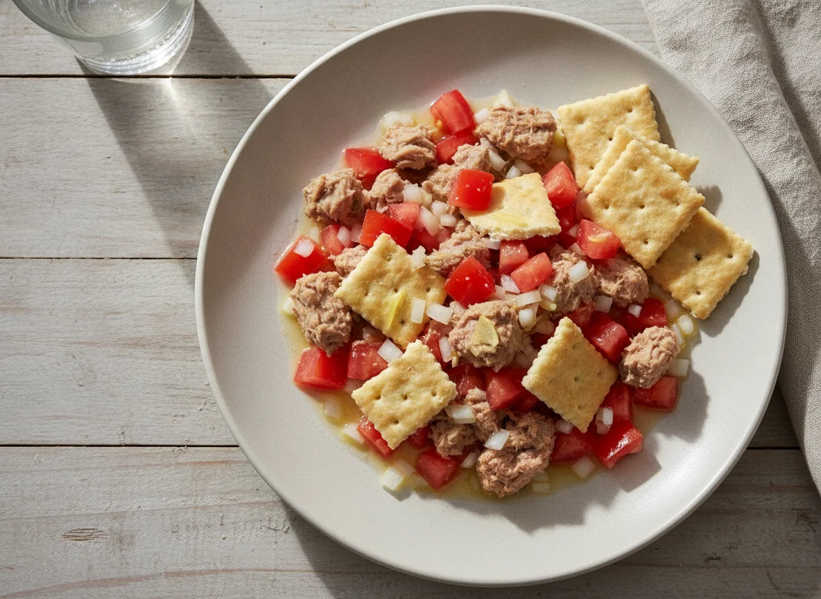Ensalada de atún con tomate y galletas de soda photo