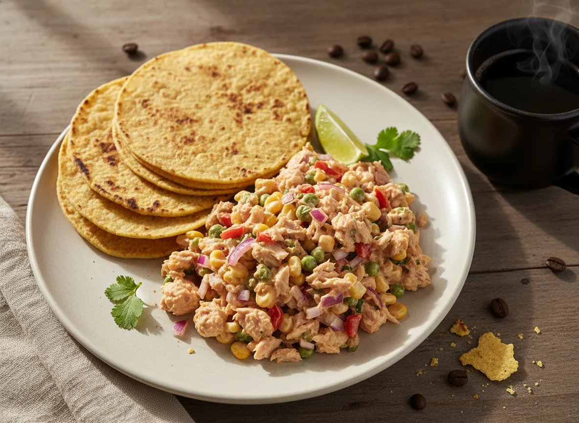 Ensalada de atún con tortillas y café photo