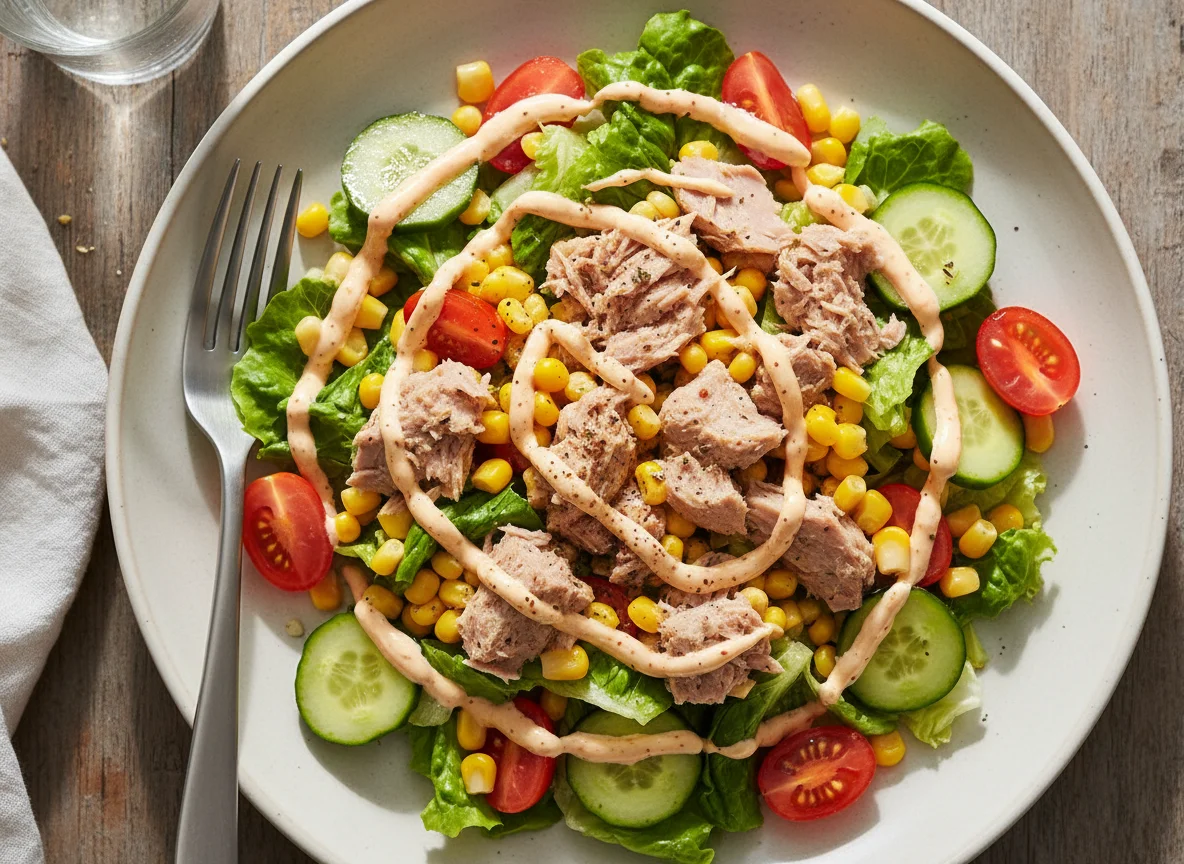 Ensalada de atún con vegetales y aderezo photo