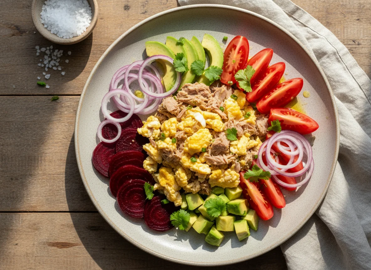 Ensalada de atún con vegetales y huevo photo