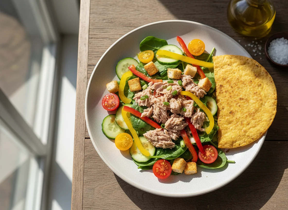 Ensalada de atún con vegetales y tostada photo