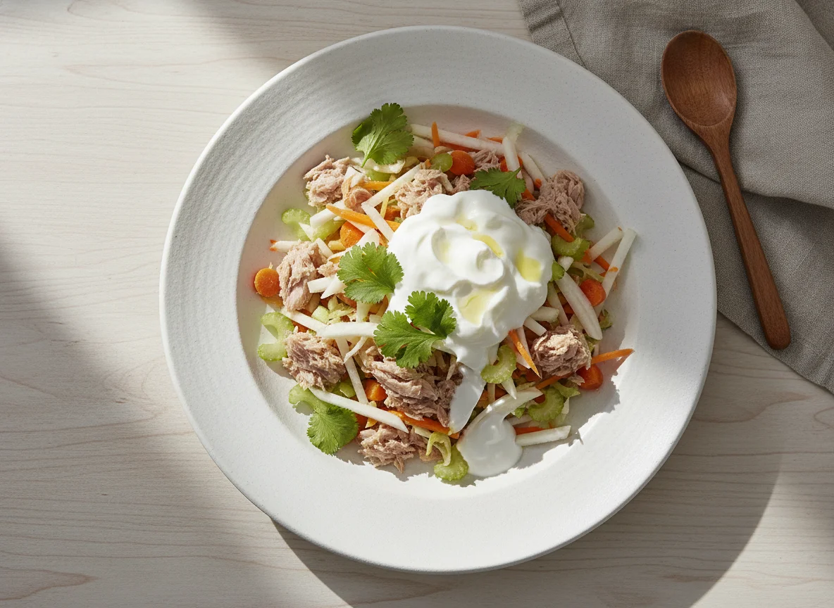 Ensalada de atún con vegetales y yogurt griego photo