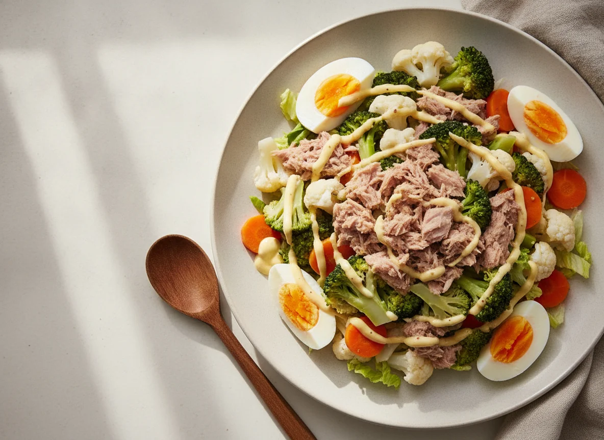Ensalada de atún con verduras al vapor y huevos cocidos photo