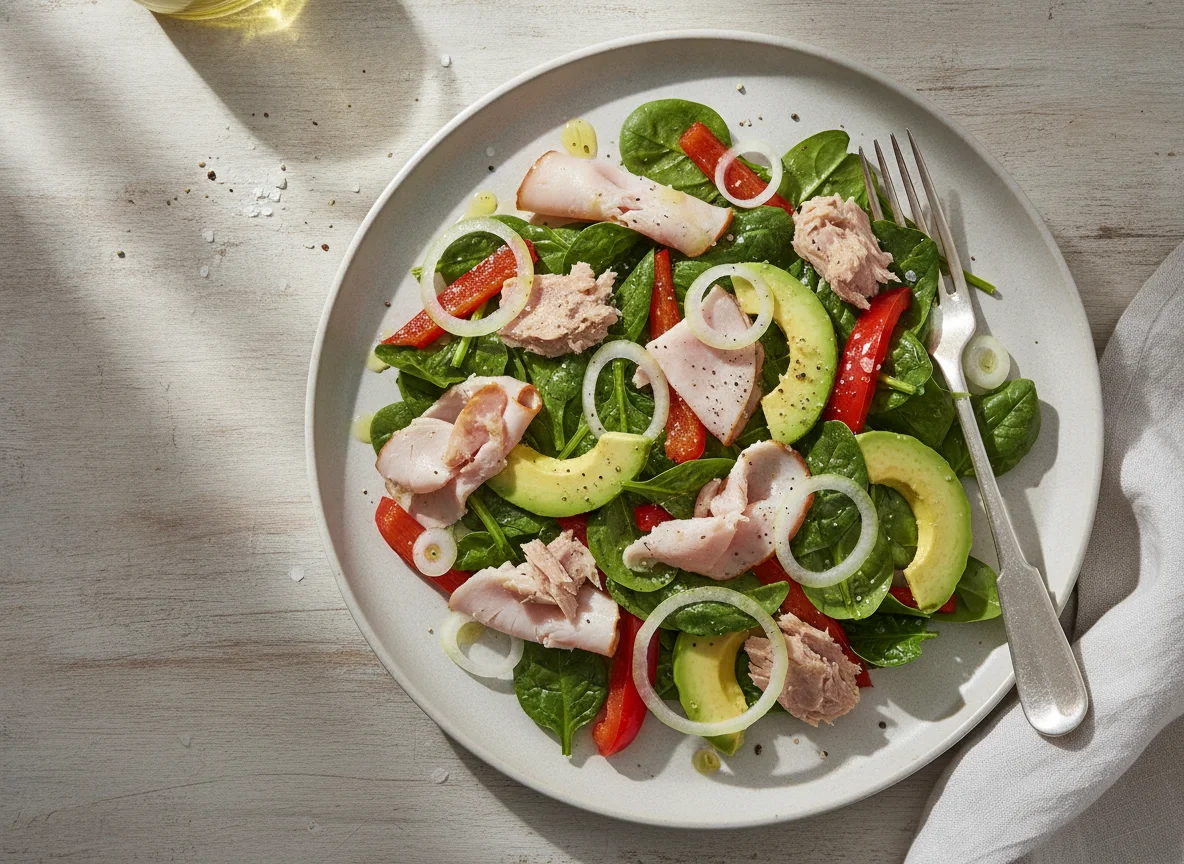 Ensalada de atún con verduras, jamón de pavo y palta photo