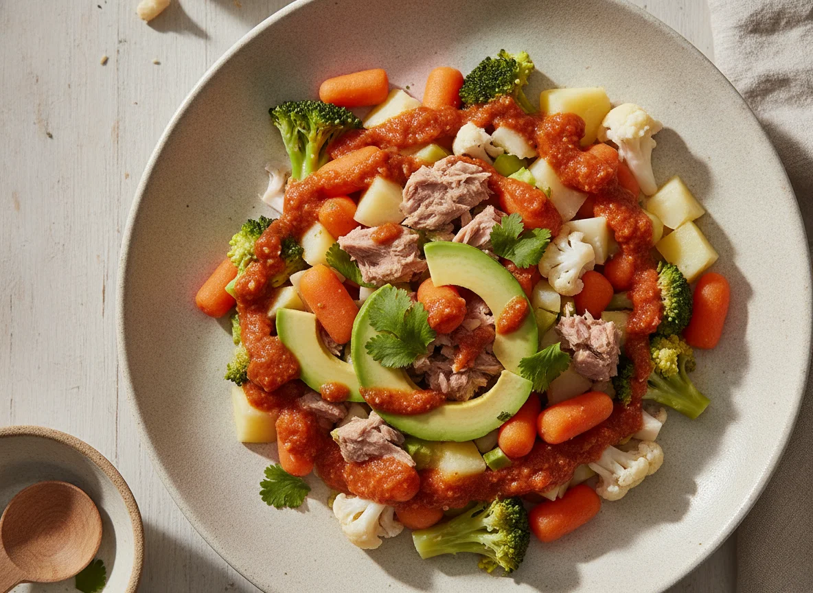 Ensalada de atún con verduras y aguacate photo