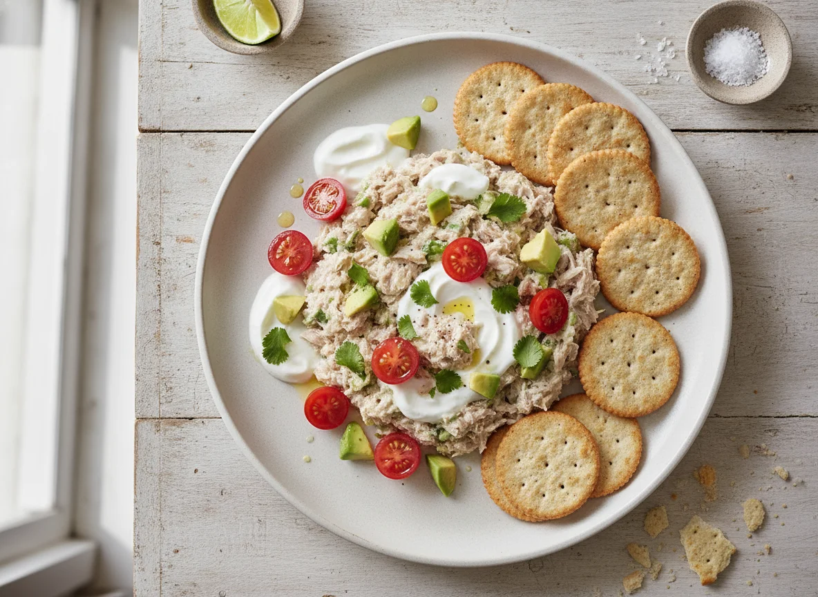 Ensalada de atún con yogur griego y galletas saladas photo