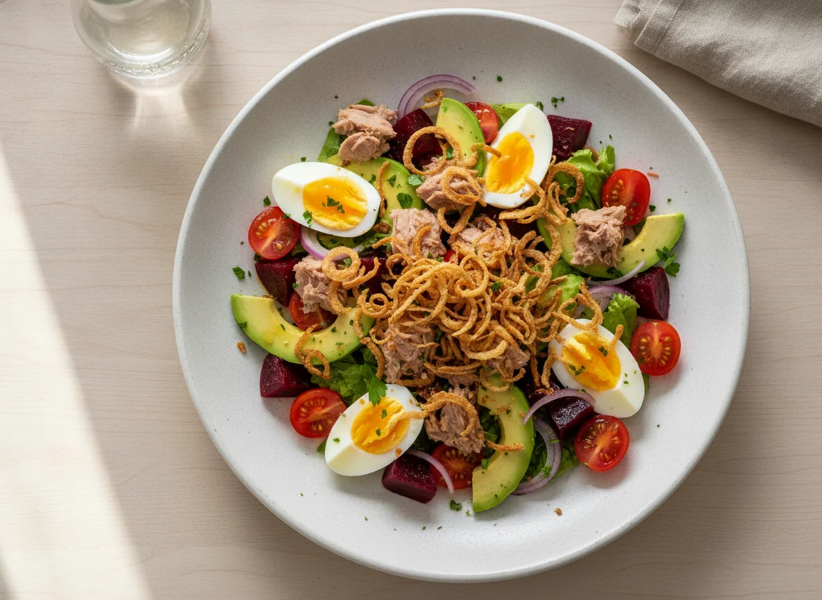 Ensalada de atún, huevo, palta y remolacha photo