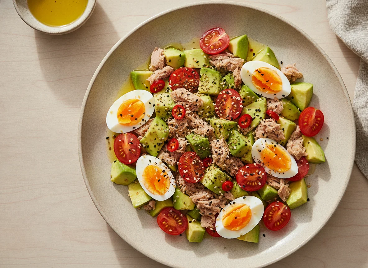 Ensalada de atún, huevo y aguacate photo