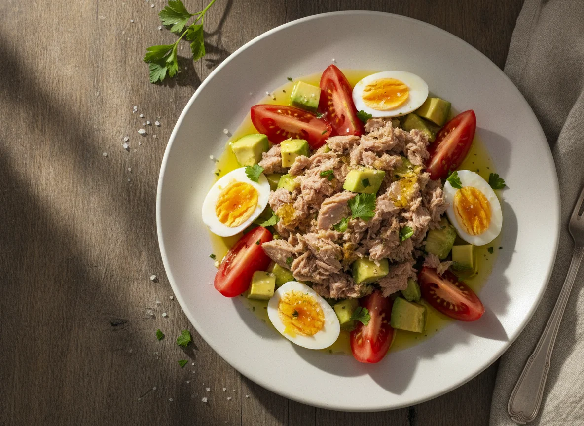 Ensalada de atún, huevo y tomate photo