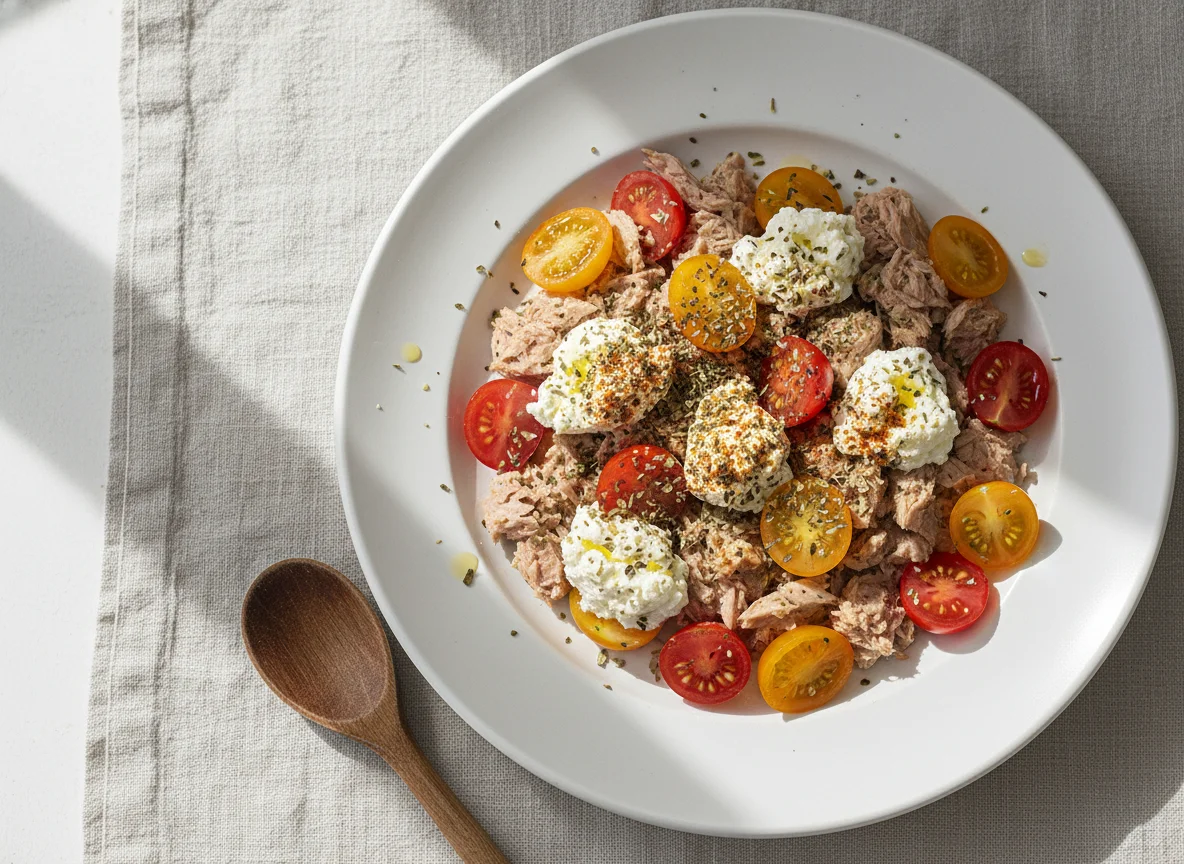 Ensalada de atún, tomate cherry y queso cottage photo