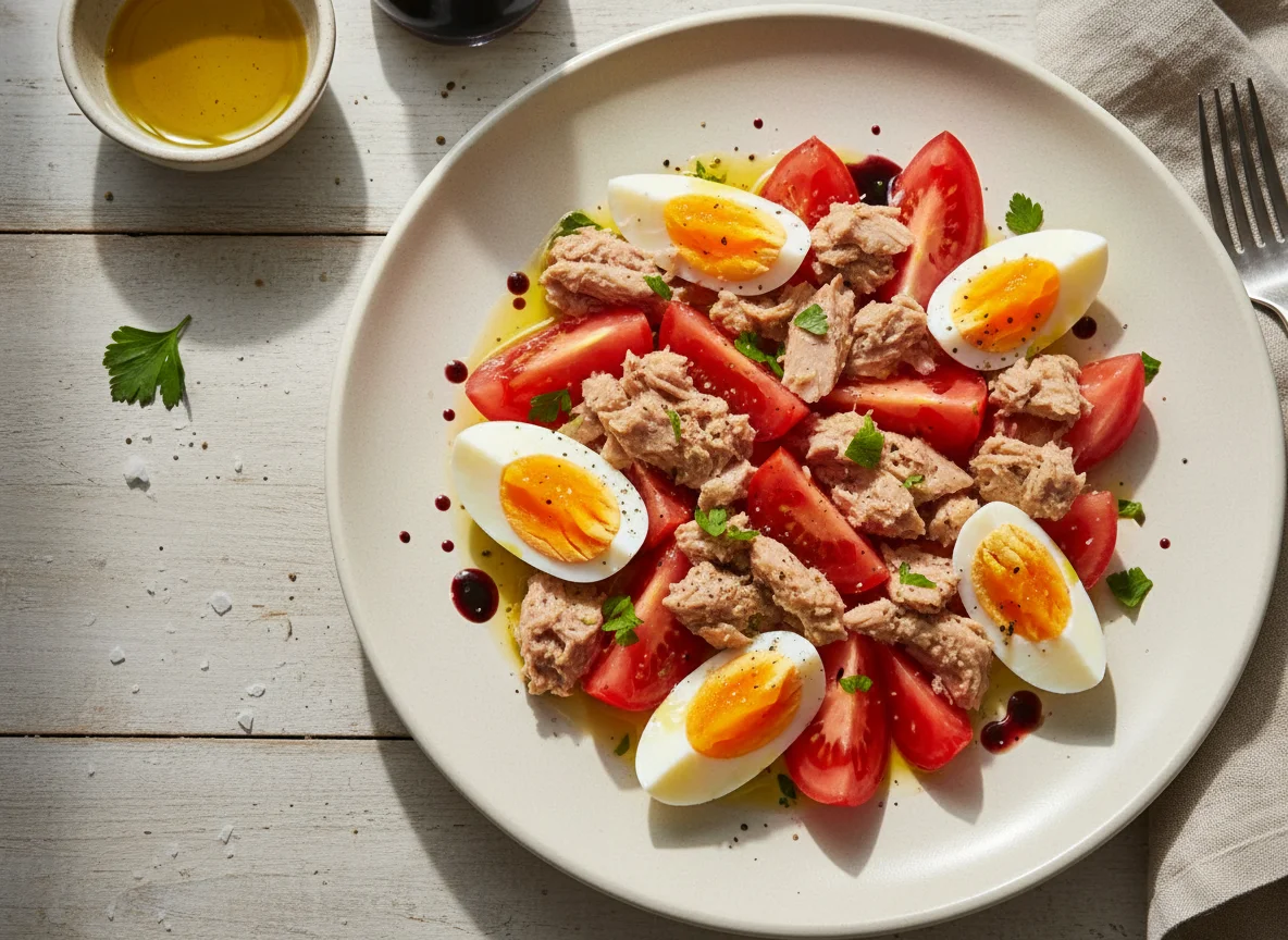 Ensalada de atún, tomate y huevo photo