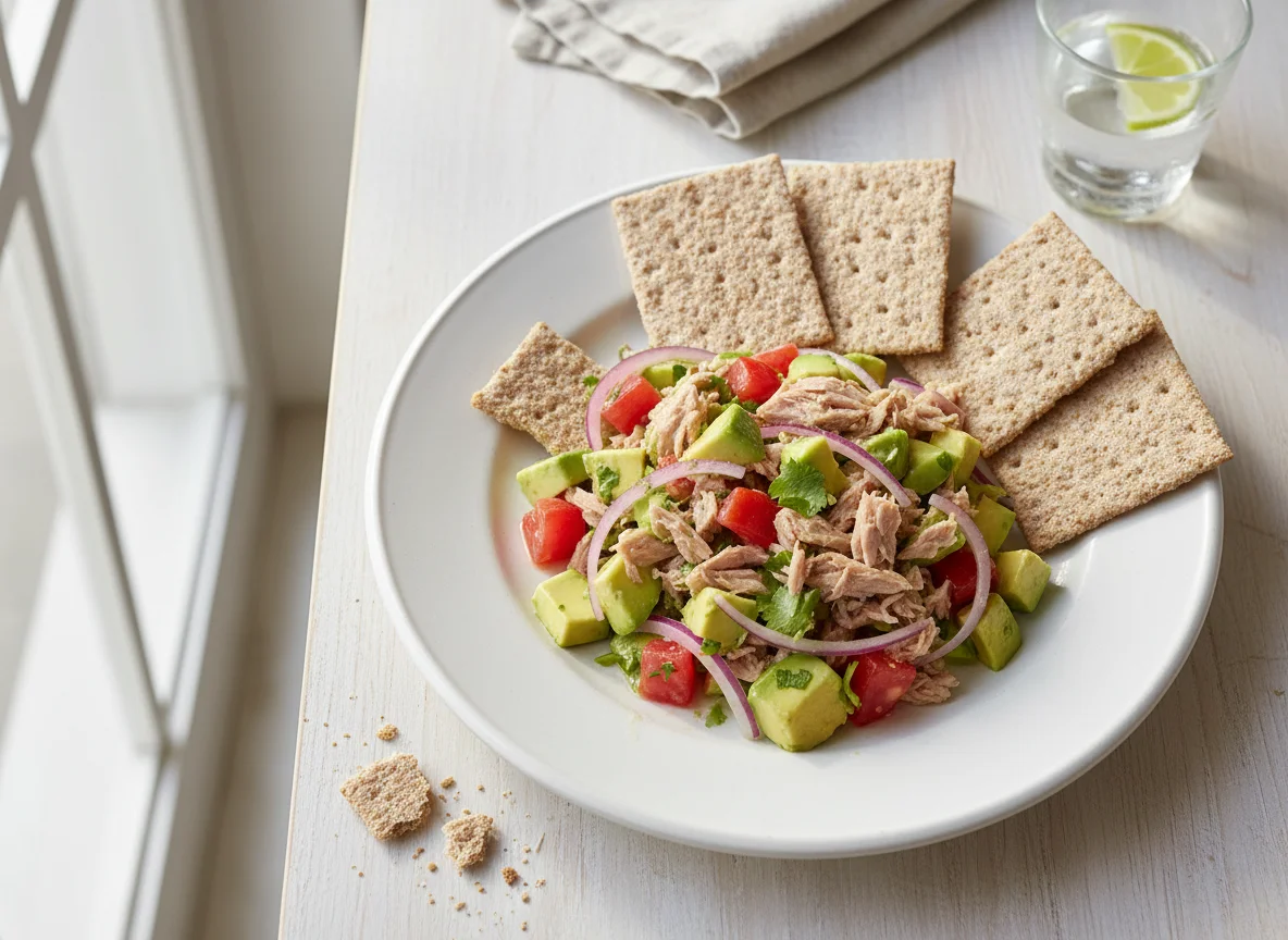 Ensalada de atún y aguacate con galletas integrales photo