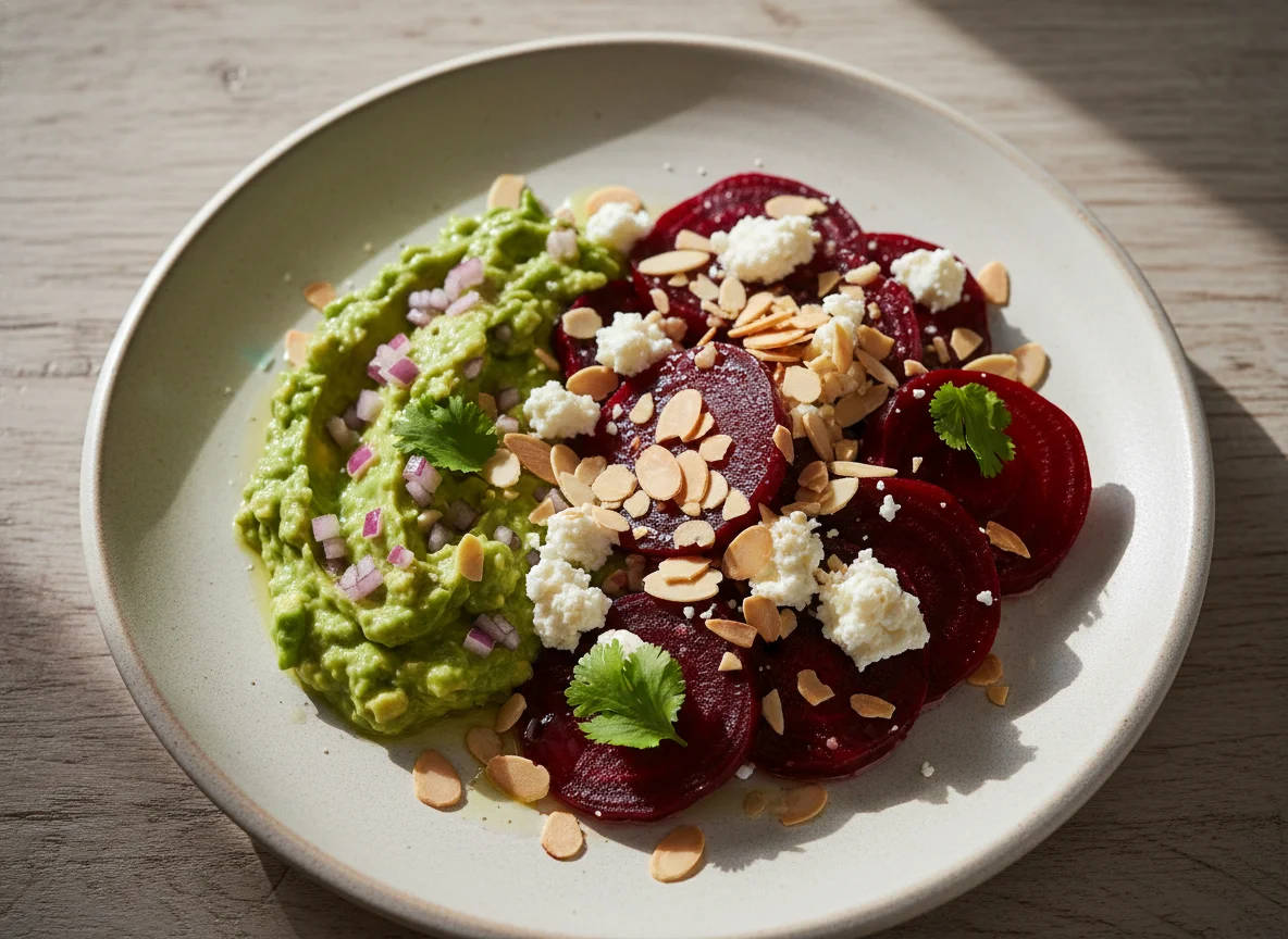 Ensalada de betabel con queso y guacamole photo