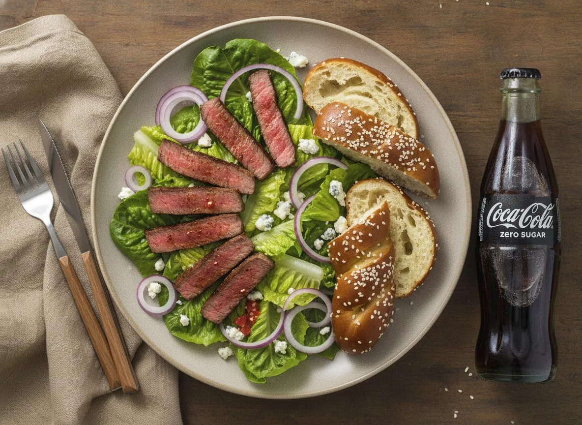 Ensalada de bistec a la parrilla con pan de pretzel photo