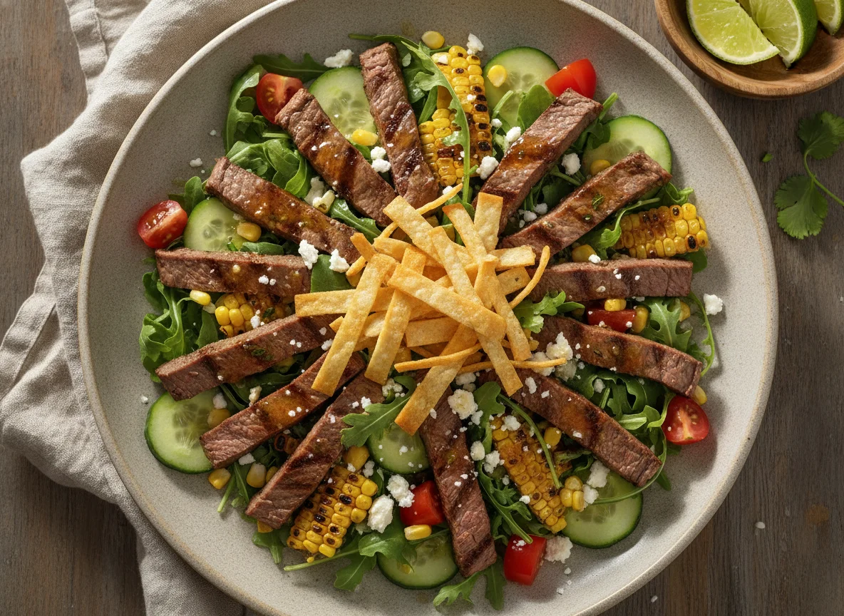 Ensalada de bistec con maíz y tiras de tortilla photo