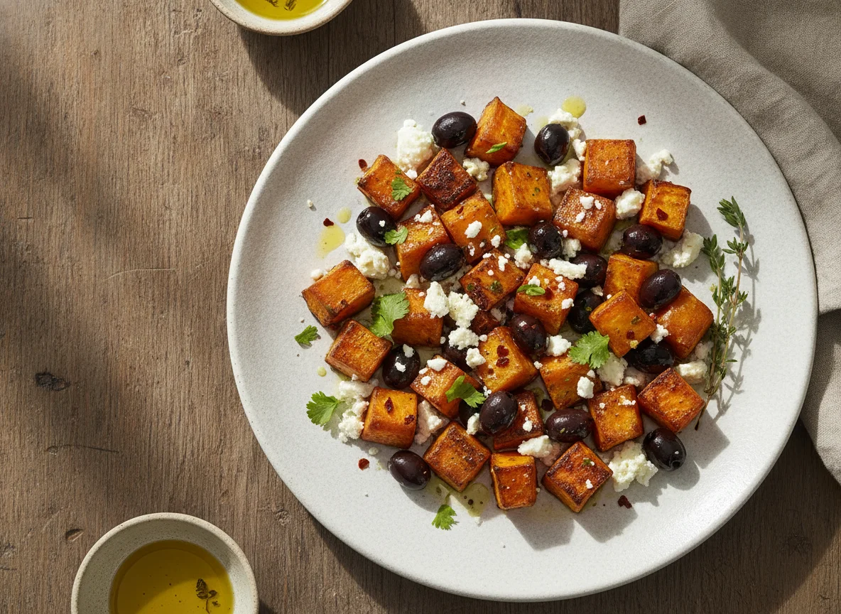 Ensalada de boniato con aceitunas y queso feta photo