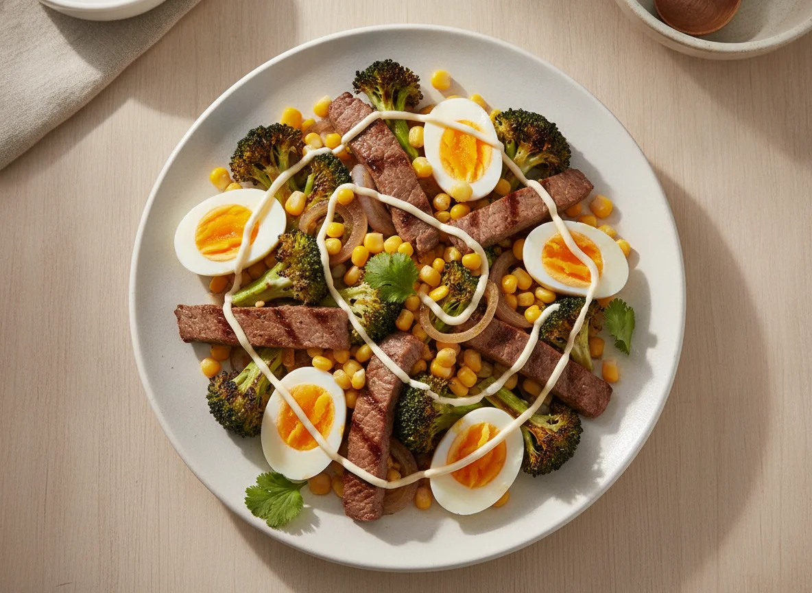 Ensalada de brócoli con huevo y carne photo