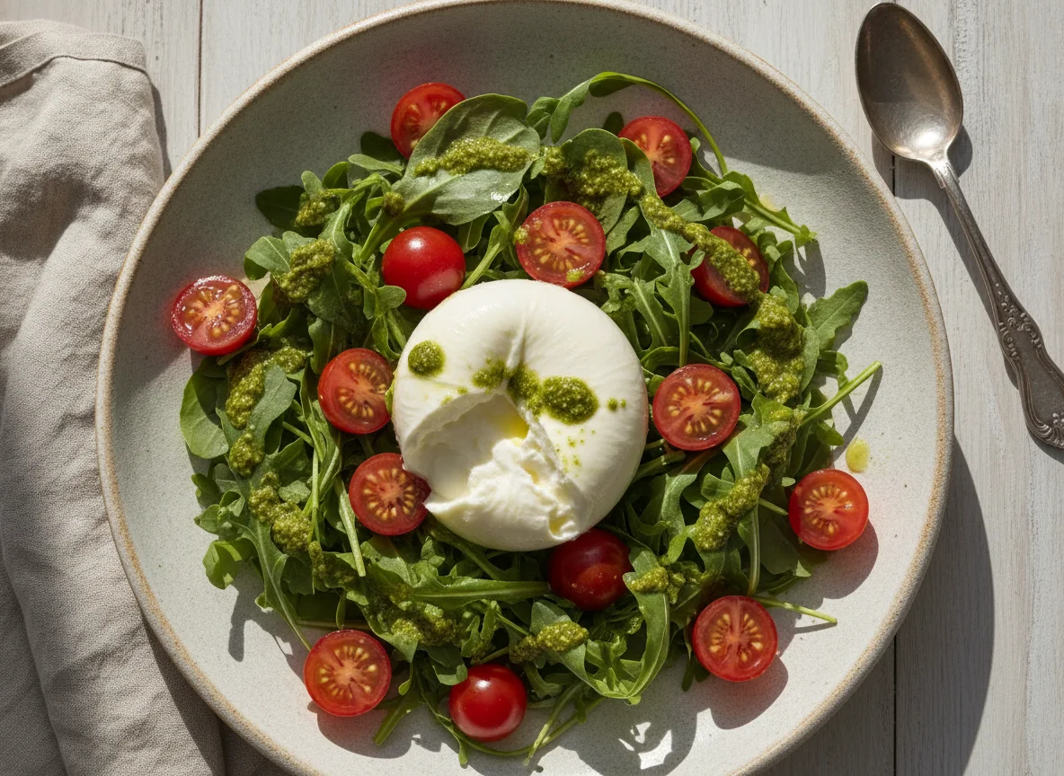 Ensalada de Burrata con Pesto y Rúcula photo