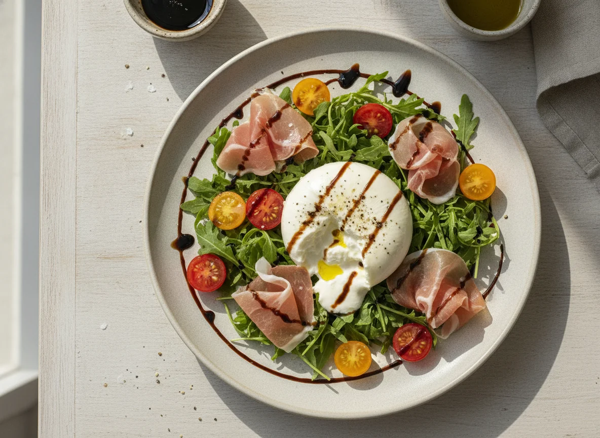 Ensalada de Burrata con Prosciutto y Rúcula photo