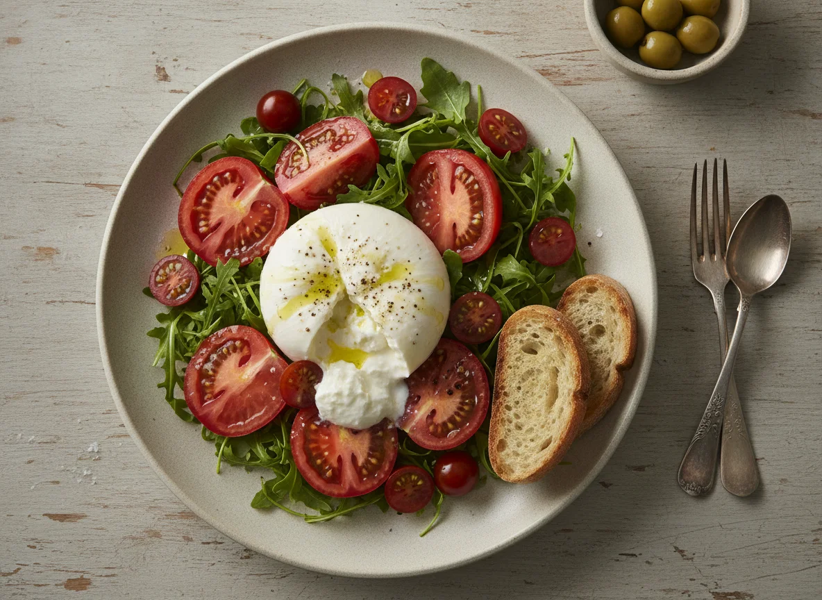 Ensalada de burrata con tomate y rúcula photo