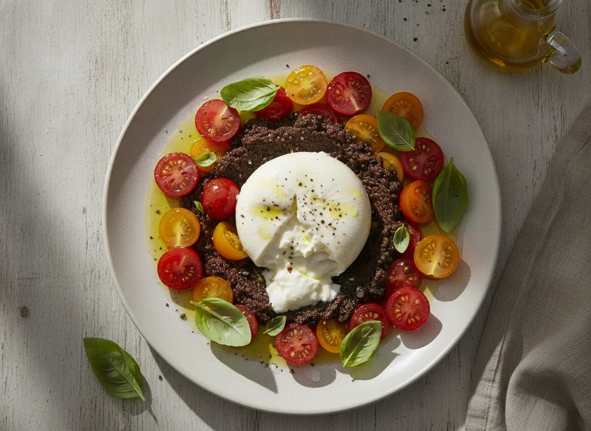 Ensalada de burrata con tomates cherry y aceitunas photo