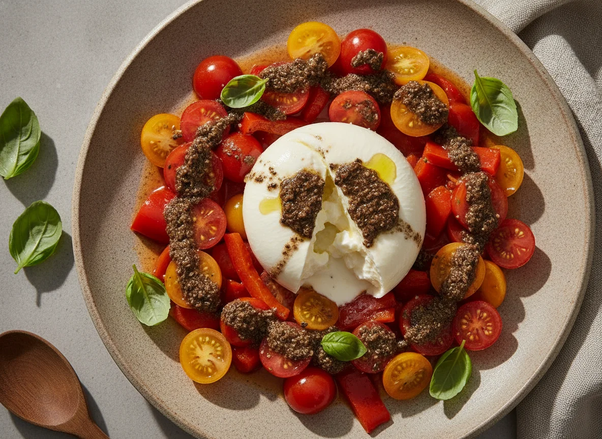 Ensalada de burrata con tomates cherry y pesto de trufa photo