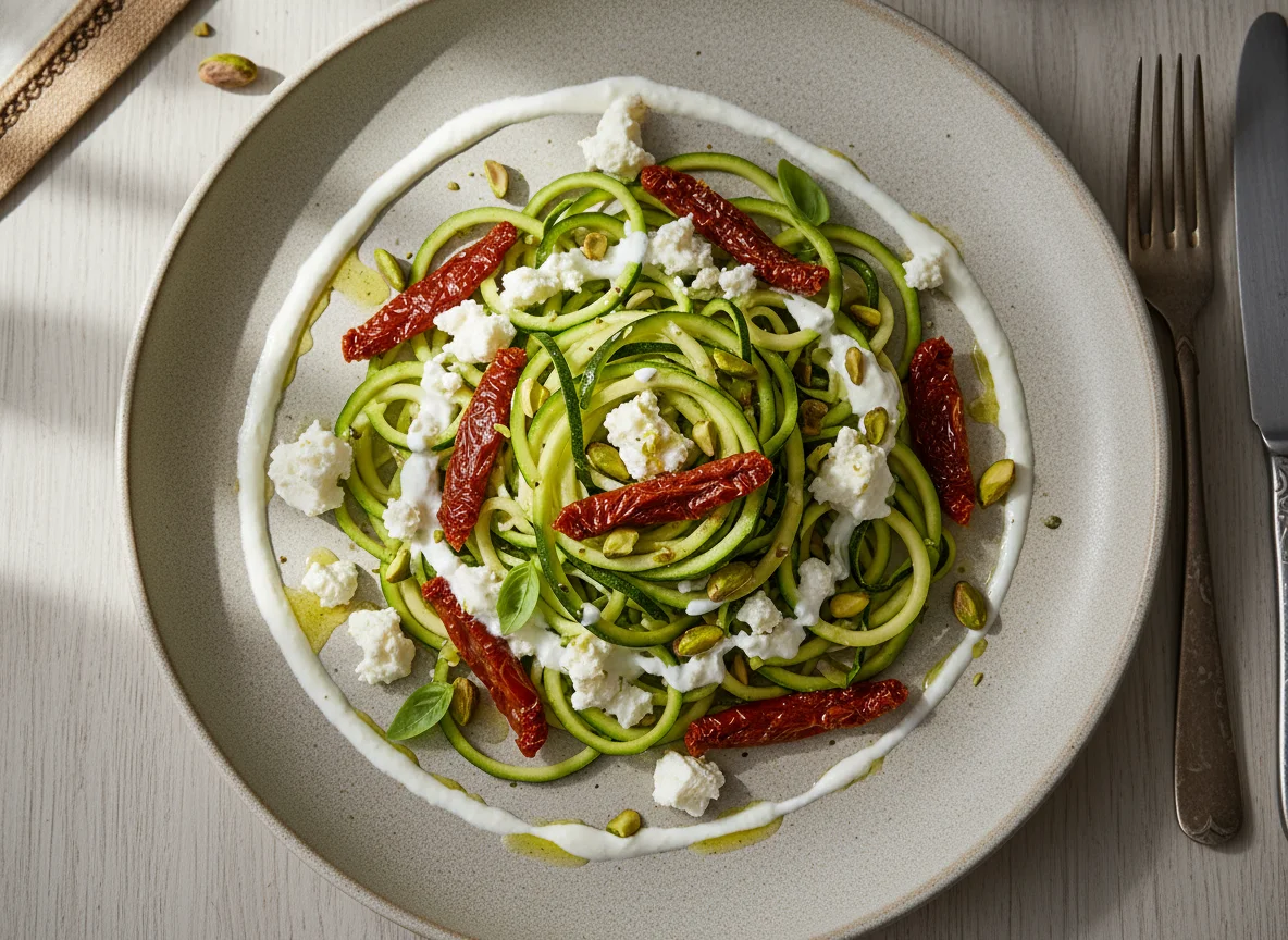 Ensalada de calabacín con queso fresco, tomate seco y pistachos photo