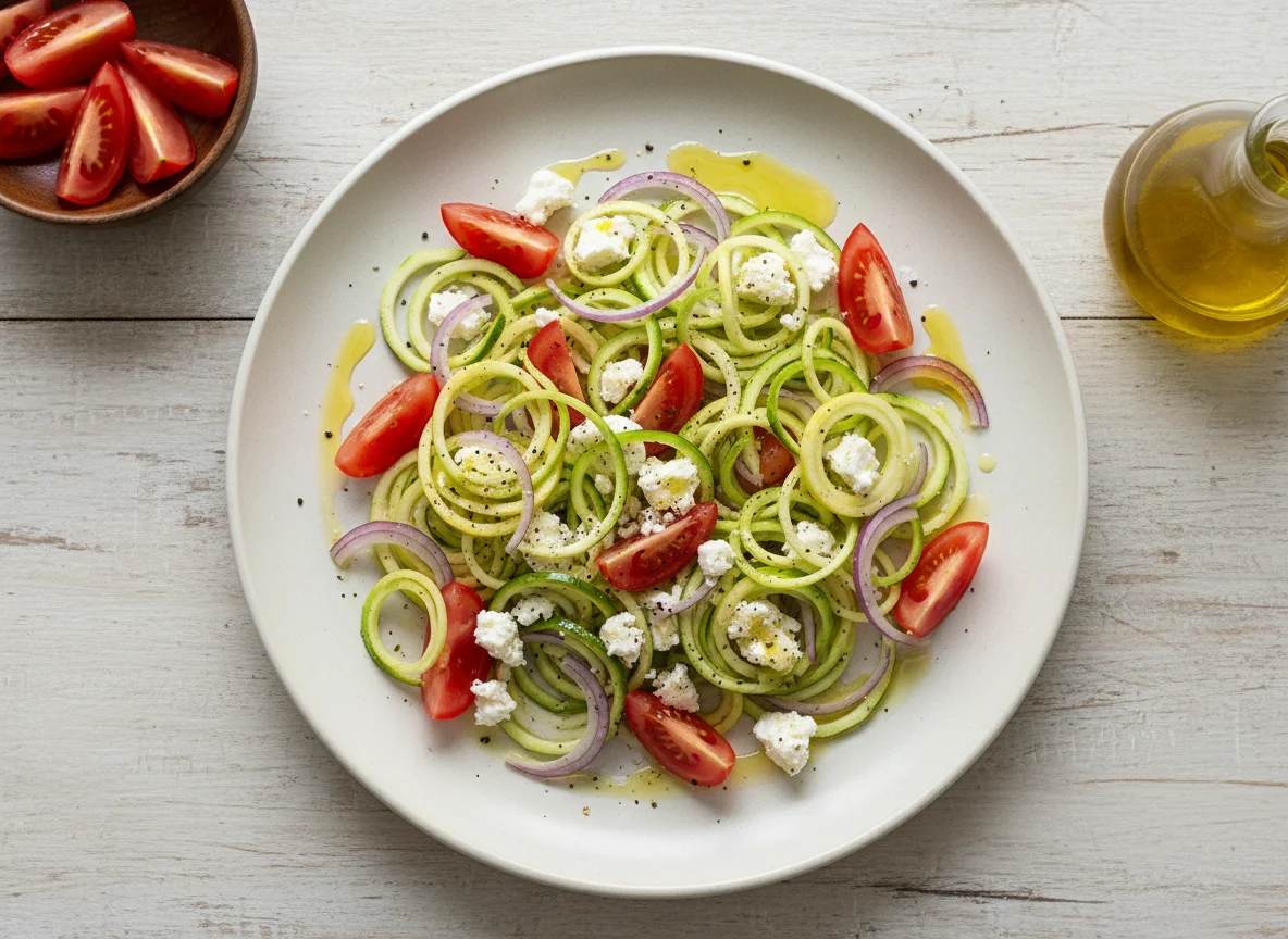 Ensalada de calabacín con queso fresco, tomate y cebolla photo