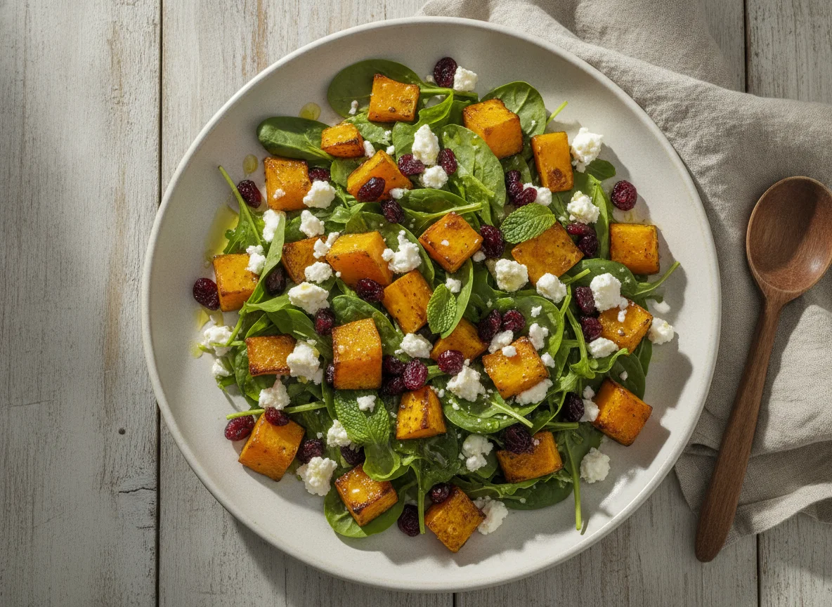 Ensalada de calabaza asada con queso feta y arándanos photo