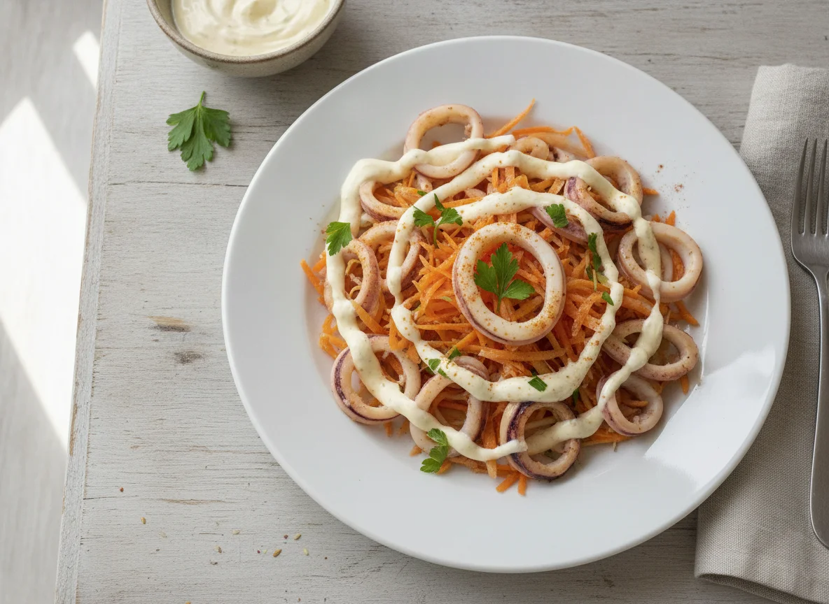 Ensalada de callos o tiras de calamar con zanahoria photo